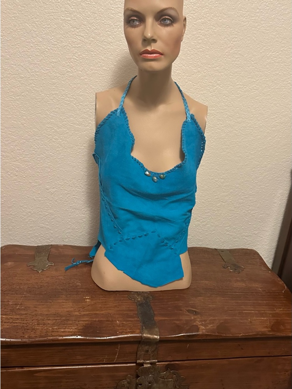 Hand Crafted by Redhawk Designs Turquoise Lambskin & Turquoise Halter Top sz S/M